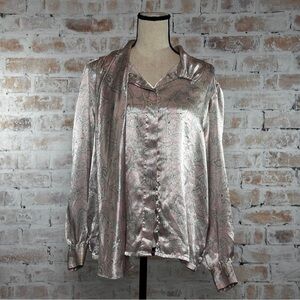 Vintage 90s Pastel Floral Paisley Button Up Scarf Neck Popover Secretary Blouse